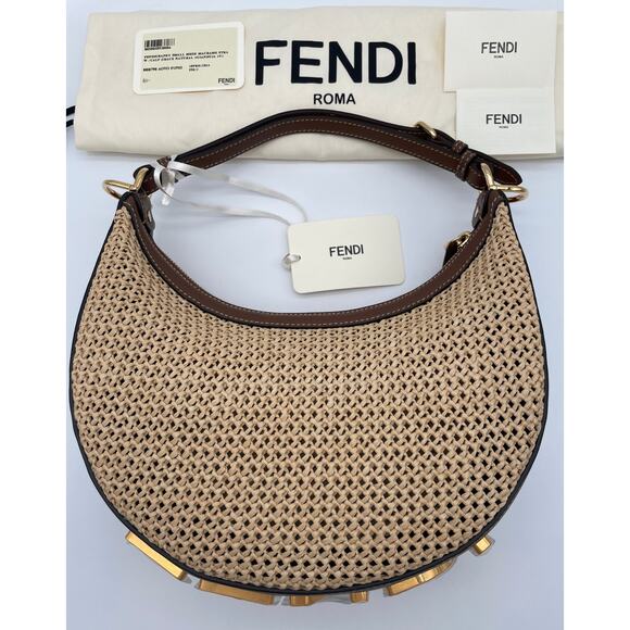 NEW FENDI FF FENDIGRAPHY SUMMER RAFFIA LEATHER SMALL HOBO BROWN LEATHER BAG NWT! - Picture 2 of 15
